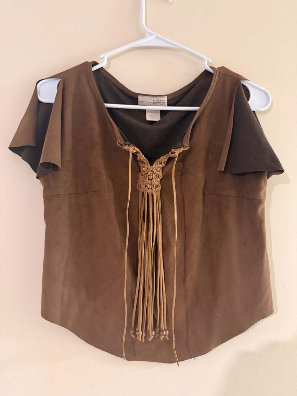 Picasso Style Jeans Brown Faux Suede Macrame Fringe Top Size M